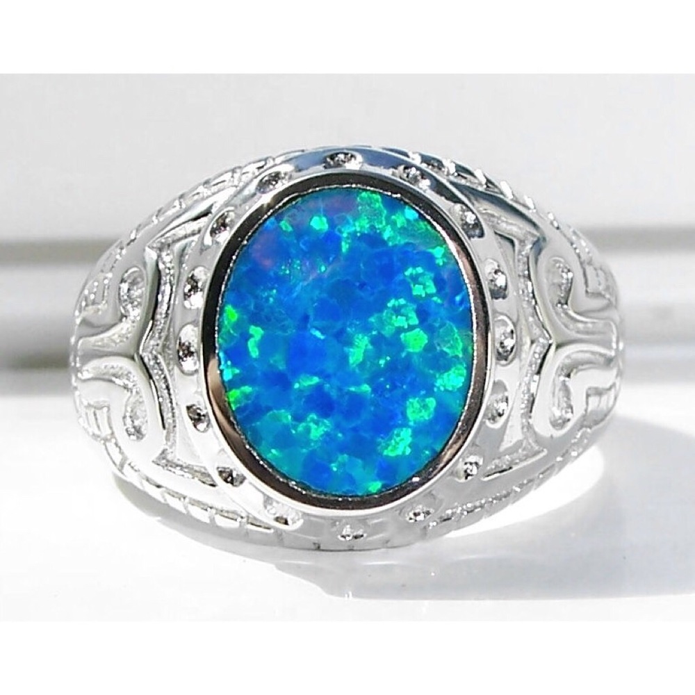 925 STERLING SILVER Men’s Lab Created Blue Fire Opal Ring